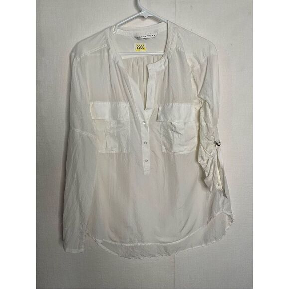 TRINA TURK Top Womens L Jemison Collarless Roll-Tab Sleeve‎ Henley Blouse Ivory - Picture 5 of 11